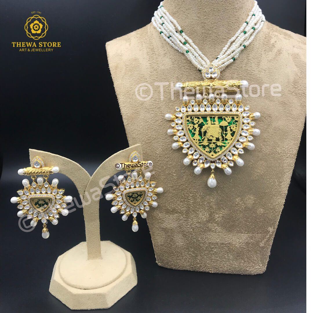 Original Thewa Art Designer Elephant with Kundan Necklace - ThewaStore