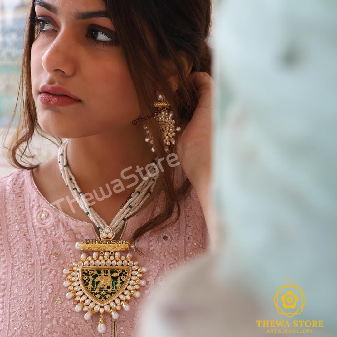 Original Thewa Art Designer Elephant with Kundan Necklace - ThewaStore