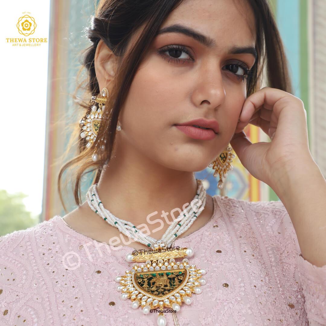 Original Thewa Art Designer Elephant with Kundan Necklace - ThewaStore