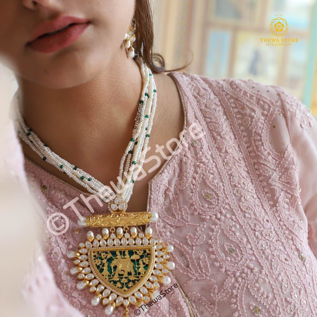 Original Thewa Art Designer Elephant with Kundan Necklace - ThewaStore