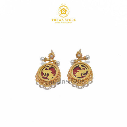 Sparsh Thewa Oval Earrings with Peacock 